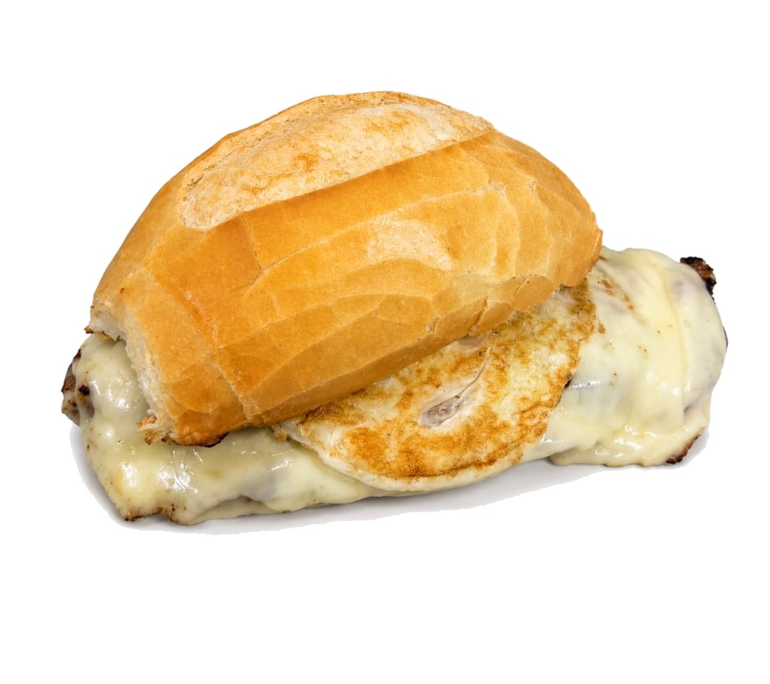 Contra com Ovo e Queijo da S.M. LANCHES: pão francês com contra filé, mussarela e ovo