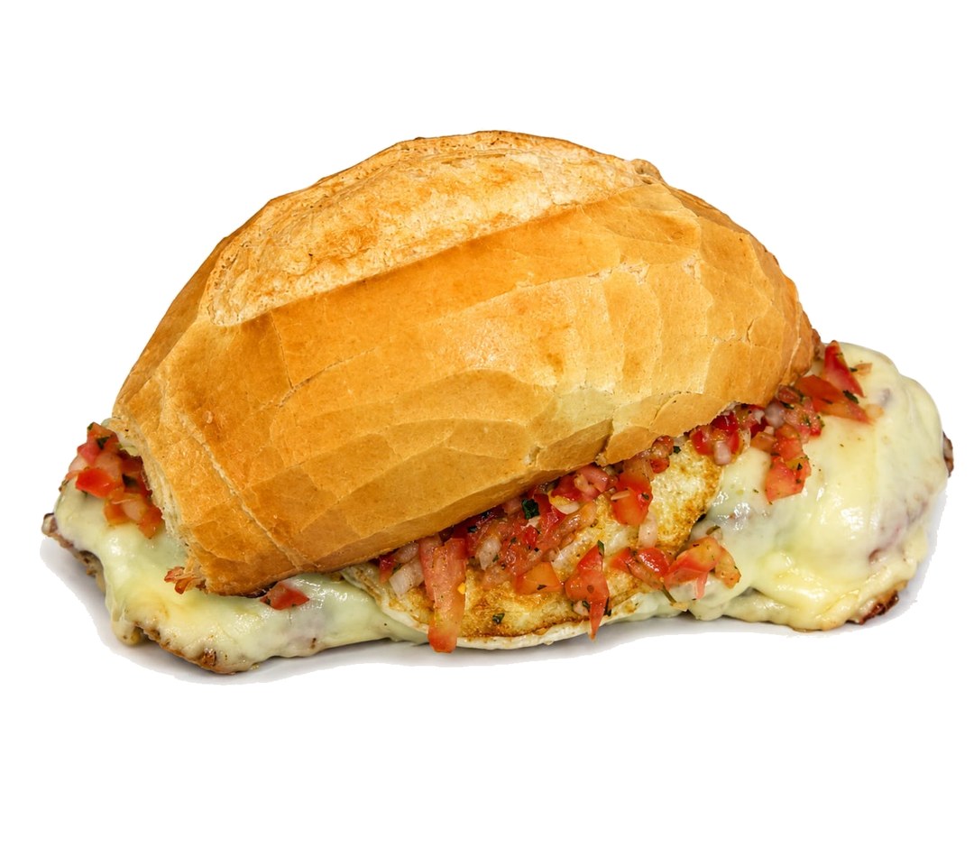 Contra com Vinagrete, Ovo e Queijo da S.M. LANCHES: pão francês com contra filé, mussarela, ovo e vinagrete